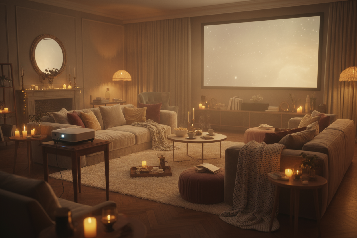 ENDLESS MOMENTS OF DREAM WHEN YOU ARE WATCHING A HOME CINEMA THROUGH A PROJECTOR. DREAMY